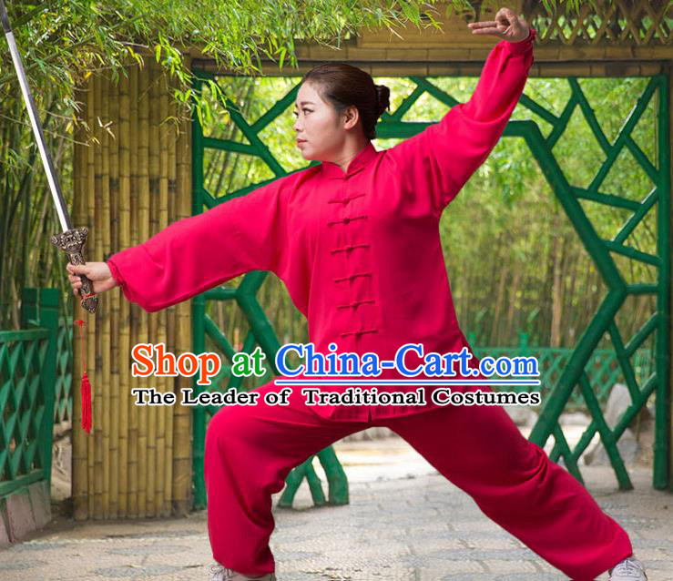 Traditional Chinese Top Silk Cotton Kung Fu Costume Martial Arts Kung Fu Training Long Sleeve Red Uniform, Tang Suit Gongfu Shaolin Wushu Clothing, Tai Chi Taiji Teacher Suits Uniforms for Women