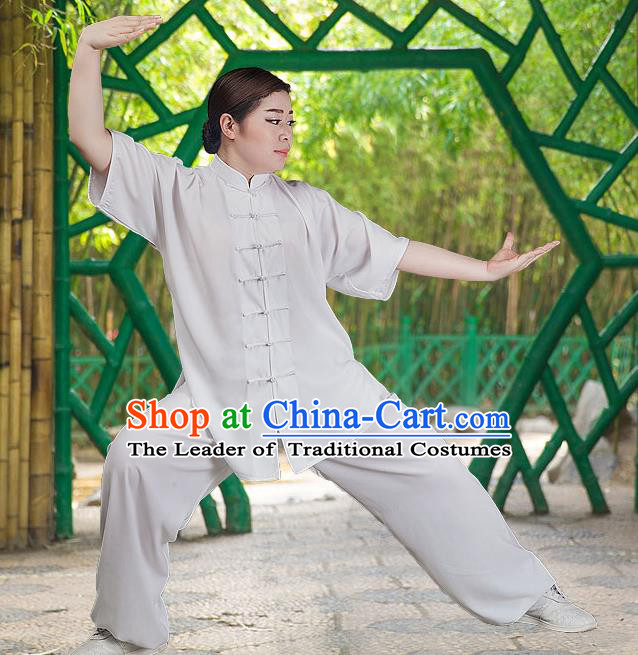 Traditional Chinese Top Silk Cotton Kung Fu Costume Martial Arts Kung Fu Training Short Sleeve White Uniform, Tang Suit Gongfu Shaolin Wushu Clothing, Tai Chi Taiji Teacher Suits Uniforms for Women