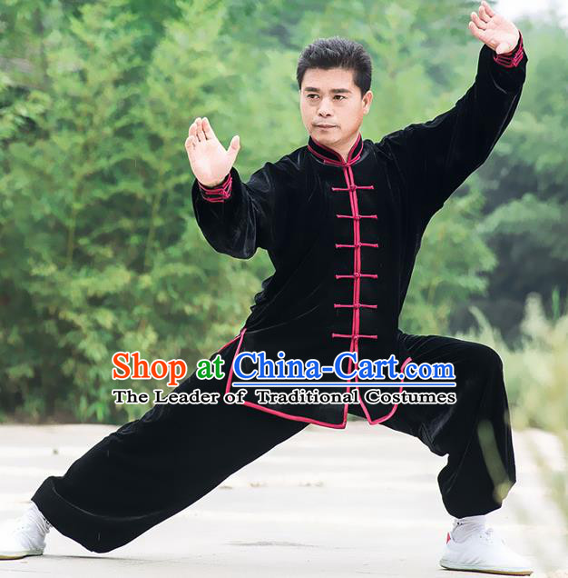 Traditional Chinese Top Pleuche Kung Fu Costume Martial Arts Kung Fu Training Black Uniform, Tang Suit Gongfu Shaolin Wushu Clothing, Tai Chi Taiji Teacher Suits Uniforms for Men