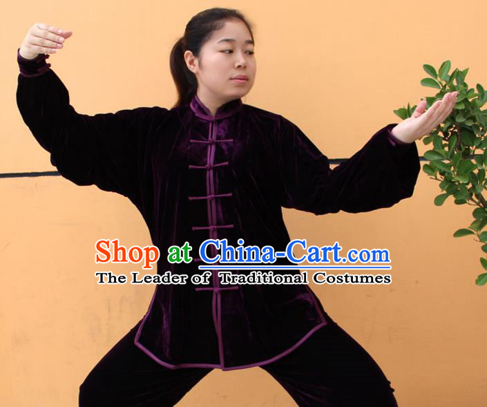 Traditional Chinese Top Pleuche Kung Fu Costume Martial Arts Kung Fu Training Purple Uniform, Tang Suit Gongfu Shaolin Wushu Clothing, Tai Chi Taiji Teacher Suits Uniforms for Women