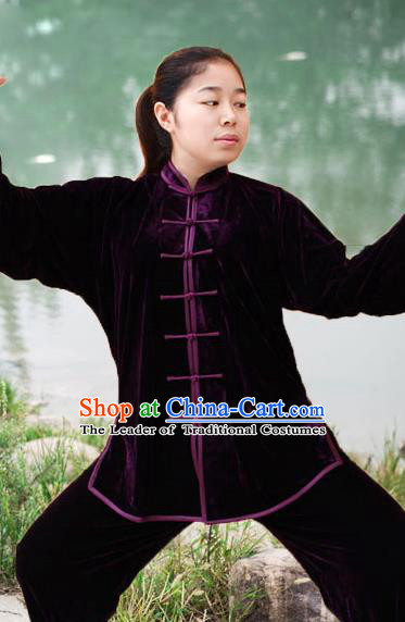 Traditional Chinese Top Pleuche Kung Fu Costume Martial Arts Kung Fu Training Black Plated Buttons Uniform, Tang Suit Gongfu Shaolin Wushu Clothing, Tai Chi Taiji Teacher Suits Uniforms for Women