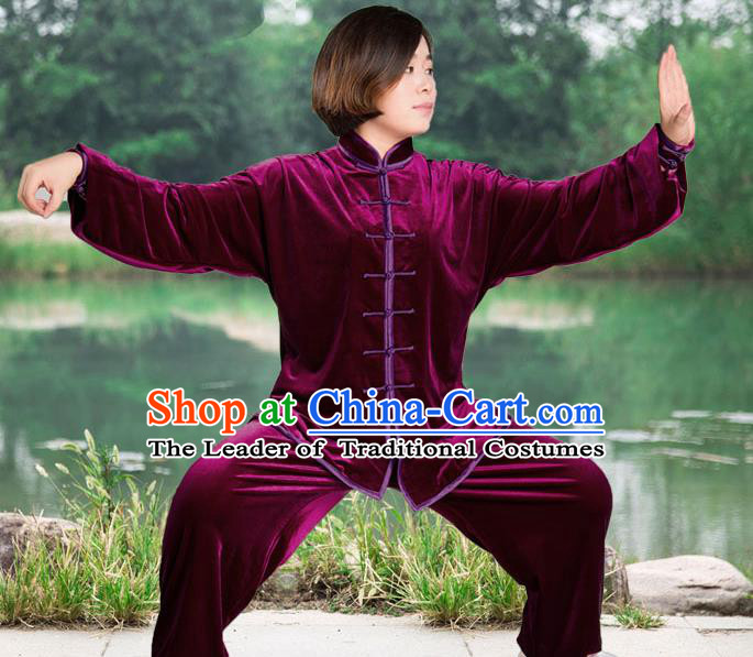 Traditional Chinese Top Pleuche Kung Fu Costume Martial Arts Kung Fu Training Purple Plated Buttons Uniform, Tang Suit Gongfu Shaolin Wushu Clothing, Tai Chi Taiji Teacher Suits Uniforms for Women