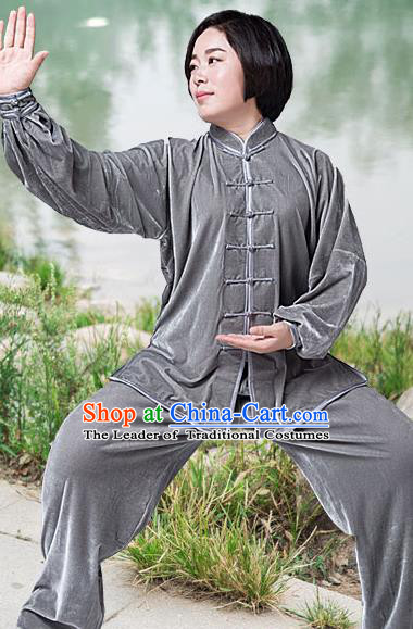 Traditional Chinese Top Pleuche Kung Fu Costume Martial Arts Kung Fu Training Grey Plated Buttons Uniform, Tang Suit Gongfu Shaolin Wushu Clothing, Tai Chi Taiji Teacher Suits Uniforms for Women