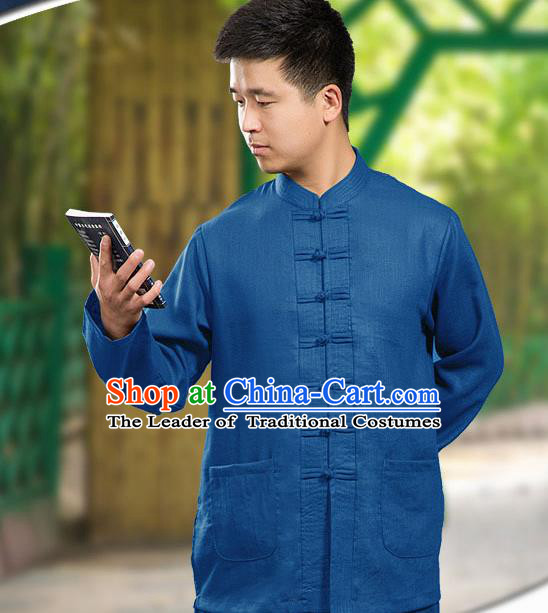 Traditional Chinese Top Linen Kung Fu Costume Martial Arts Kung Fu Training Long Sleeve Blue Uniform, Tang Suit Gongfu Shaolin Wushu Clothing, Tai Chi Taiji Teacher Suits Uniforms for Men