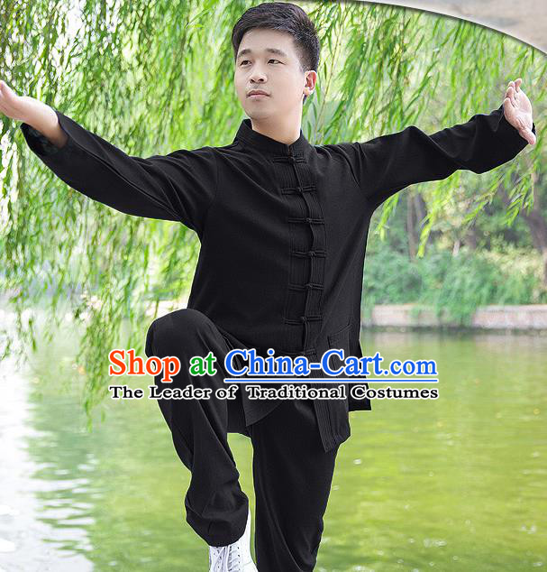 Traditional Chinese Top Linen Kung Fu Costume Martial Arts Kung Fu Training Long Sleeve Black Uniform, Tang Suit Gongfu Shaolin Wushu Clothing, Tai Chi Taiji Teacher Suits Uniforms for Men