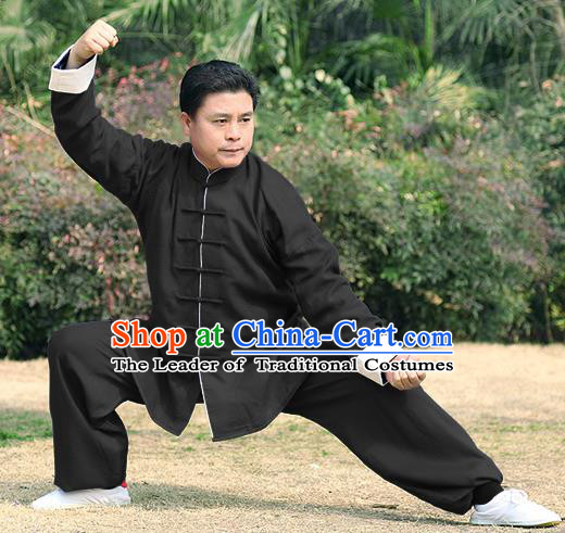 Traditional Chinese Top Linen Kung Fu Costume Martial Arts Kung Fu Training Roll Sleeve Black Uniform, Tang Suit Gongfu Shaolin Wushu Clothing, Tai Chi Taiji Teacher Suits Uniforms for Men