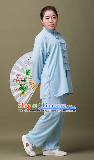 Traditional Chinese Top Silk Cotton Kung Fu Costume Martial Arts Kung Fu Training Plated Buttons Blue Uniform, Tang Suit Gongfu Shaolin Wushu Clothing, Tai Chi Taiji Teacher Suits Uniforms for Women