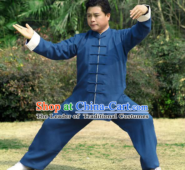Traditional Chinese Top Linen Kung Fu Costume Martial Arts Kung Fu Training Roll Sleeve Blue Uniform, Tang Suit Gongfu Shaolin Wushu Clothing, Tai Chi Taiji Teacher Suits Uniforms for Men