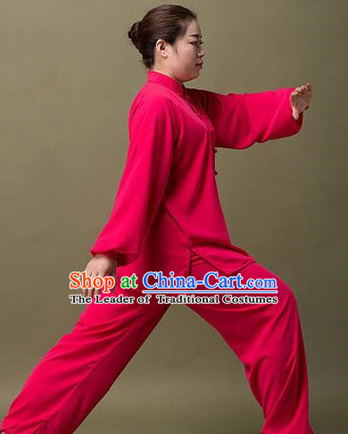Traditional Chinese Top Silk Cotton Kung Fu Costume Martial Arts Kung Fu Training Colorful Plated Buttons Rose Red Uniform, Tang Suit Gongfu Shaolin Wushu Clothing, Tai Chi Taiji Teacher Suits Uniforms for Women