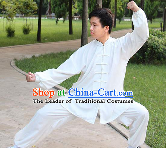 Traditional Chinese Top Silk Cotton Kung Fu Costume Martial Arts Kung Fu Training Plated Buttons White Uniform, Tang Suit Gongfu Shaolin Wushu Clothing, Tai Chi Taiji Teacher Suits Uniforms for Men