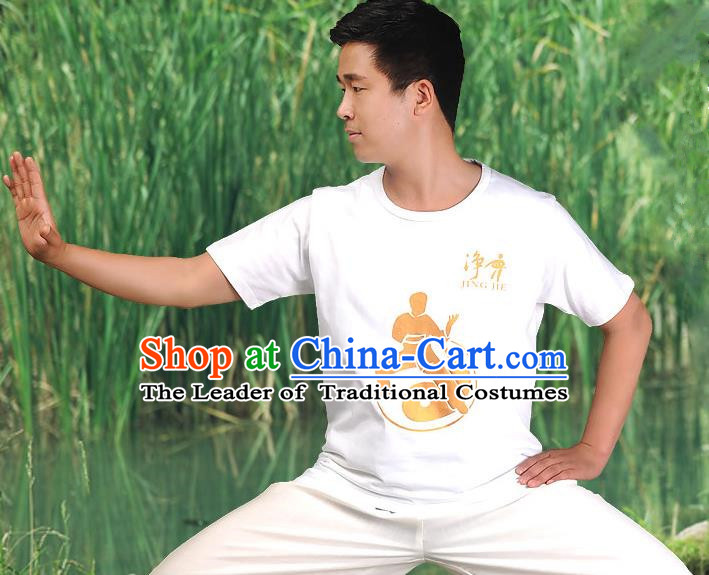 Traditional Chinese Top Cotton Kung Fu Costume Martial Arts Kung Fu Training Short Sleeve  Gilding T-Shirt, Tang Suit Gongfu Shaolin Wushu Clothing, Tai Chi Taiji Teacher T-shirts for Men