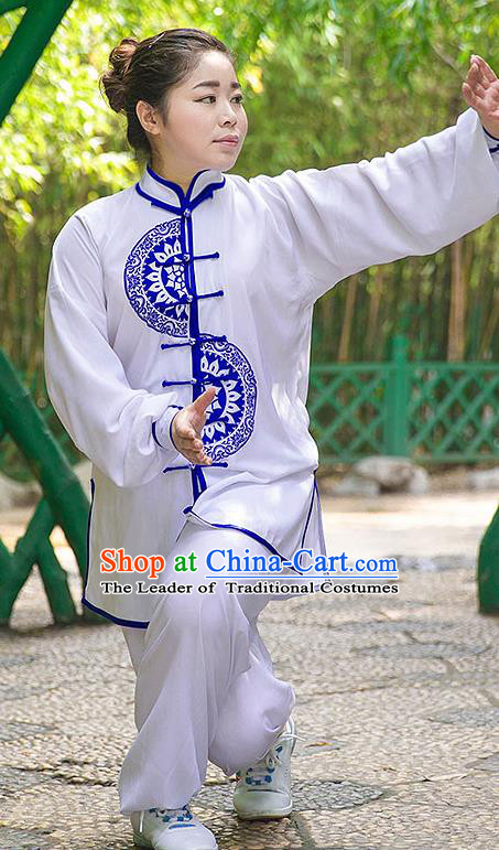 Traditional Chinese Top Silk Cotton Kung Fu Costume Martial Arts Kung Fu Training Plated Buttons Blue and White Uniform, Tang Suit Gongfu Shaolin Wushu Clothing, Tai Chi Taiji Teacher Suits Uniforms for Women