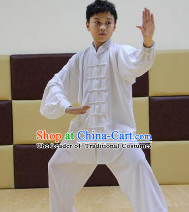 Traditional Chinese Top Silk Cotton Kung Fu Costume Martial Arts Kung Fu Training Children Plated Buttons White Uniform, Tang Suit Gongfu Shaolin Wushu Clothing, Tai Chi Taiji Teacher Suits Uniforms for Kids