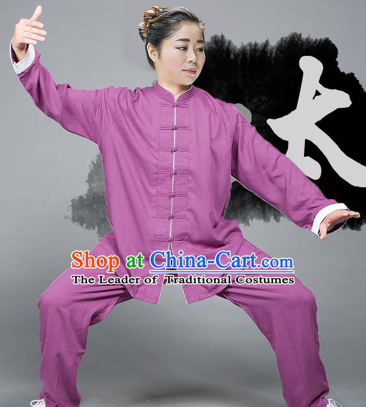 Traditional Chinese Top Linen Kung Fu Costume Martial Arts Kung Fu Training Plated Buttons Roll Sleeve Pink Uniform, Tang Suit Gongfu Shaolin Wushu Clothing, Tai Chi Taiji Teacher Suits Uniforms for Women