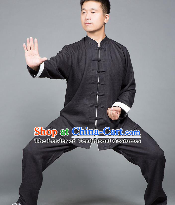 Traditional Chinese Top Linen Kung Fu Costume Martial Arts Kung Fu Training Plated Buttons Roll Sleeve Black Uniform, Tang Suit Gongfu Shaolin Wushu Clothing, Tai Chi Taiji Teacher Suits Uniforms for Men