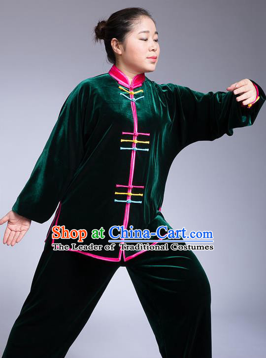 Traditional Chinese Top Pleuche Kung Fu Costume Martial Arts Kung Fu Training Colorful Plated Buttons Green Uniform, Tang Suit Gongfu Shaolin Wushu Clothing, Tai Chi Taiji Teacher Suits Uniforms for Women