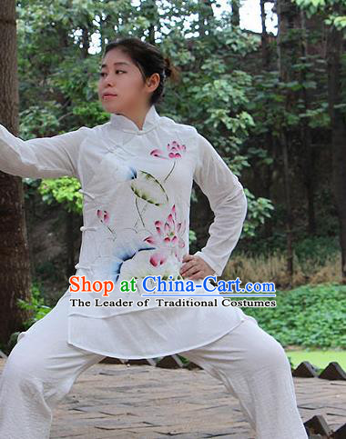 Traditional Chinese Top Linen Kung Fu Costume Martial Arts Kung Fu Training Slant Opening Plated Buttons Freehand Sketching Lotus Uniform, Tang Suit Gongfu Shaolin Wushu Clothing, Tai Chi Taiji Teacher Suits Uniforms for Women
