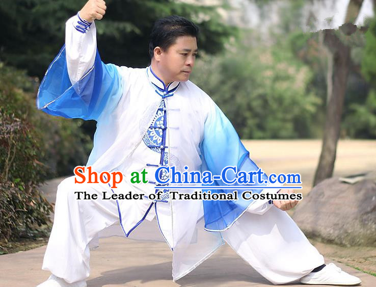 Traditional Chinese Top Kung Fu Costume Martial Arts Kung Fu Training Blue Chiffon Marble, Tang Suit Gongfu Shaolin Wushu Clothing, Tai Chi Taiji Teacher Cardigan for Men