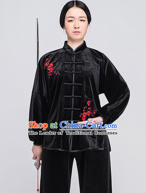 Traditional Chinese Top South Korea Velvet Kung Fu Costume Martial Arts Kung Fu Training Black Embroidered Uniform, Tang Suit Gongfu Shaolin Wushu Clothing, Tai Chi Taiji Teacher Suits Uniforms for Women