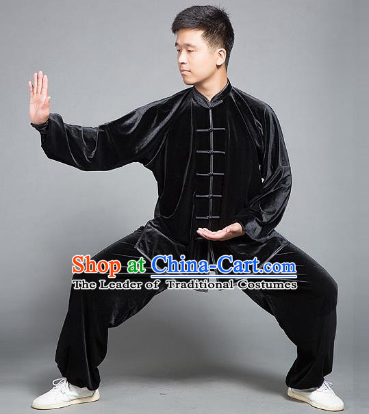 Traditional Chinese Top Gold Velvet Kung Fu Costume Martial Arts Kung Fu Training Plated Buttons Black Uniform, Tang Suit Gongfu Shaolin Wushu Clothing, Tai Chi Taiji Teacher Suits Uniforms for Men