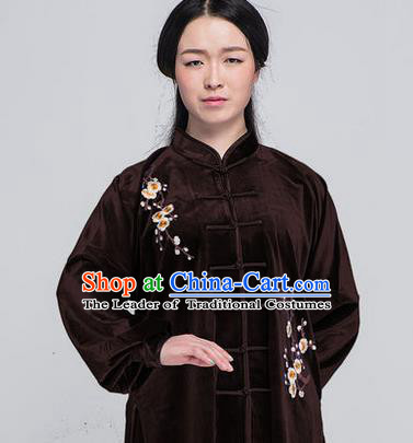 Traditional Chinese Top South Korea Velvet Kung Fu Costume Martial Arts Kung Fu Training Brown Embroidered Uniform, Tang Suit Gongfu Shaolin Wushu Clothing, Tai Chi Taiji Teacher Suits Uniforms for Women