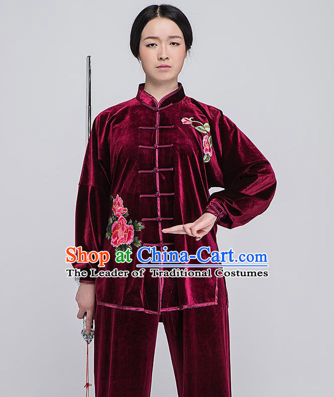 Traditional Chinese Top South Korea Velvet Kung Fu Costume Martial Arts Kung Fu Training Red Embroidered Uniform, Tang Suit Gongfu Shaolin Wushu Clothing, Tai Chi Taiji Teacher Suits Uniforms for Women