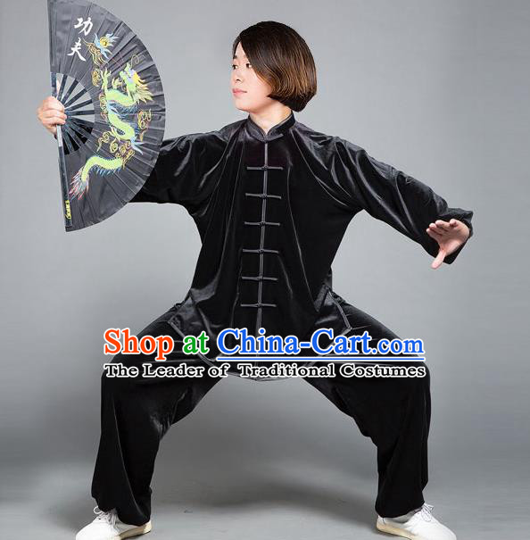 Traditional Chinese Top Gold Velvet Kung Fu Costume Martial Arts Kung Fu Training Plated Buttons Black Uniform, Tang Suit Gongfu Shaolin Wushu Clothing, Tai Chi Taiji Teacher Suits Uniforms for Women
