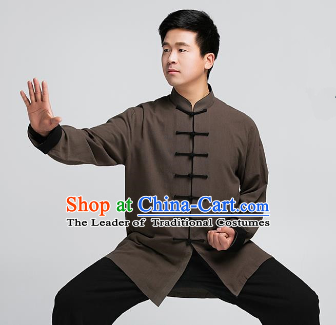 Traditional Chinese Top Muscle Hemp Kung Fu Costume Martial Arts Kung Fu Training Brown Uniform, Tang Suit Gongfu Shaolin Wushu Clothing, Tai Chi Taiji Teacher Suits Uniforms for Men