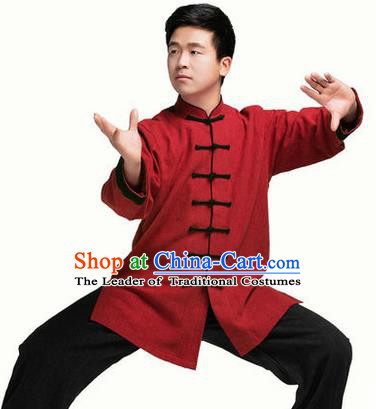 Traditional Chinese Top Muscle Hemp Kung Fu Costume Martial Arts Kung Fu Training Red Uniform, Tang Suit Gongfu Shaolin Wushu Clothing, Tai Chi Taiji Teacher Suits Uniforms for Men