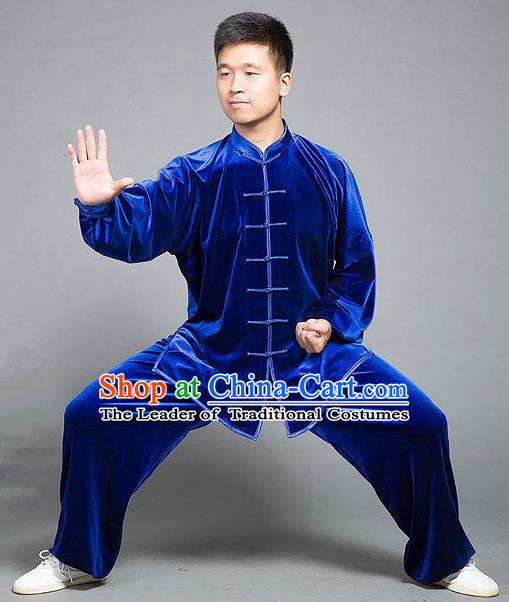 Traditional Chinese Top Gold Velvet Kung Fu Costume Martial Arts Kung Fu Training Plated Buttons Blue Uniform, Tang Suit Gongfu Shaolin Wushu Clothing, Tai Chi Taiji Teacher Suits Uniforms for Men