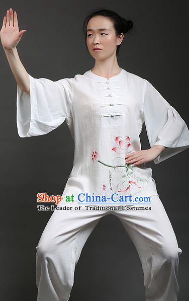 Traditional Chinese Top Gastrodia Kung Fu Costume Martial Arts Kung Fu Training Lotus Leaf Sleeves Plated Buttons Hand Painted Lotus Uniform, Tang Suit Gongfu Shaolin Wushu Clothing, Tai Chi Taiji Teacher Suits Uniforms for Women