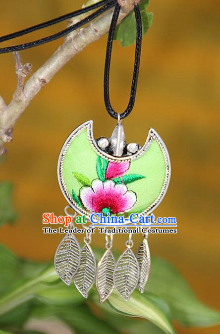 Traditional Chinese Miao Nationality Crafts, Hmong Handmade Silver Embroidery Green Pendant, Necklace Accessories Bells Pendant for Women