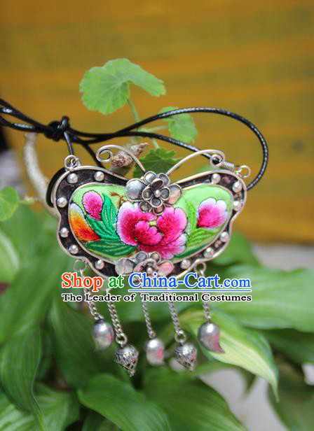 Traditional Chinese Miao Nationality Crafts, Hmong Handmade Miao Silver Embroidery Bells Butterfly Flowers Tassel Pendant, Miao Ethnic Minority Necklace Accessories Bells Pendant for Women