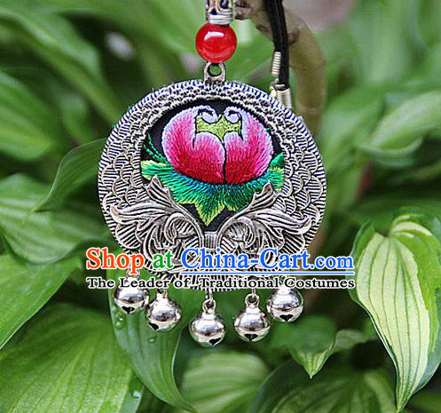 Traditional Chinese Miao Nationality Crafts, Hmong Handmade Miao Silver Embroidery Flowers Pendant, Miao Ethnic Minority Black Rope Necklace Accessories Pendant for Women