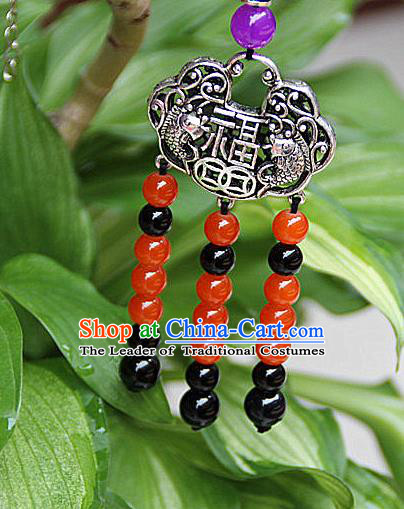 Traditional Chinese Miao Nationality Crafts Jewelry Accessory, Hmong Handmade Miao Silver Beads Tassel Longevity Lock Pendant, Miao Ethnic Minority Necklace Accessories Sweater Chain Pendant for Women