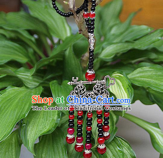 Traditional Chinese Miao Nationality Dancing Costume Accessories Necklace Hmong Female Folk Dance Ethnic Pleated Skirt and Headwear