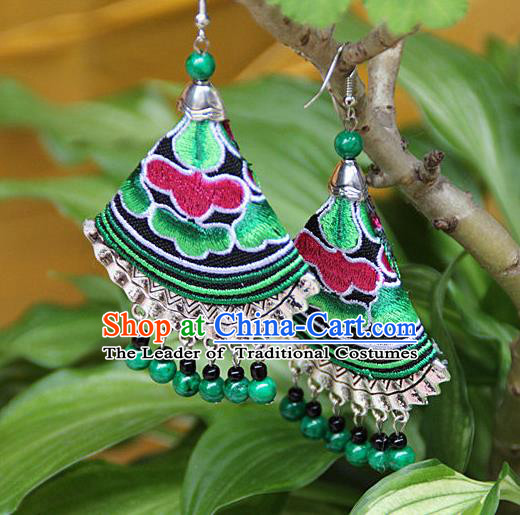 Traditional Chinese Miao Nationality Crafts Jewelry Accessory, Hmong Handmade Embroidery Beads Earrings, Miao Ethnic Minority Eardrop Accessories Ear Pendant for Women