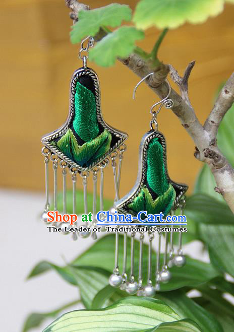 Traditional Chinese Miao Nationality Crafts Jewelry Accessory, Hmong Handmade Embroidery Miao Silver Bells Tassel Earrings, Miao Ethnic Minority Eardrop Accessories Ear Pendant for Women