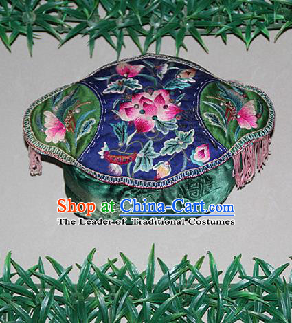 Traditional Chinese Miao Nationality Crafts Hmong Handmade Children Embroidery Lotus Blue Tiger Headwear, Miao Ethnic Minority Exorcise Evil Tiger Hat for Kids