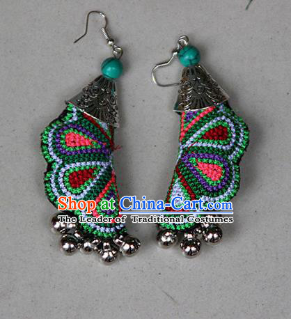 Traditional Chinese Miao Nationality Crafts Jewelry Accessory, Hmong Handmade Embroidery Bells Earrings, Miao Ethnic Minority Eardrop Accessories Ear Pendant for Women