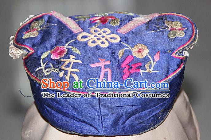 Traditional Chinese Miao Nationality Crafts Hmong Handmade Children Embroidery Chinese Knot Tiger Headwear, Miao Ethnic Minority Exorcise Evil Tiger Hat for Kids