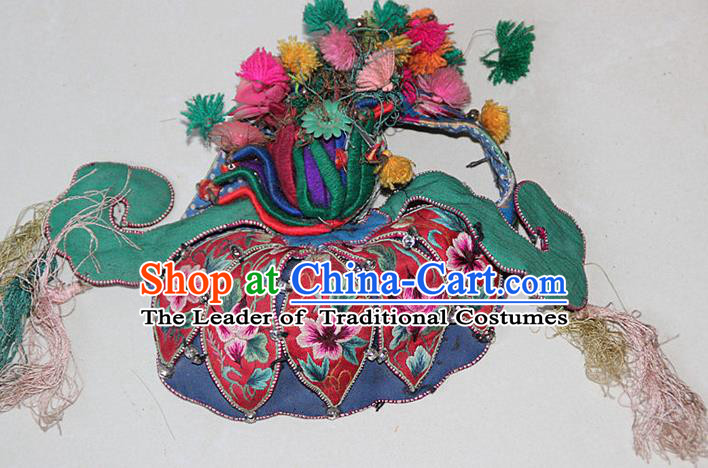 Traditional Chinese Miao Nationality Crafts Hmong Handmade Children Embroidery Phoenix Flowers Coronet Tiger Headwear, Miao Ethnic Minority Exorcise Evil Tiger Hat for Kids