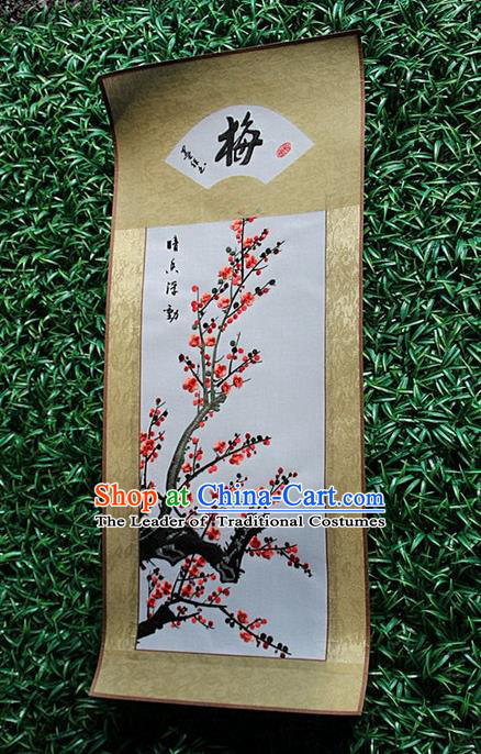 Traditional Chinese Miao Nationality Minority Crafts Hmong Xiangxi Embroidery Decorative Paintings, Embroidery Plum Blossom Scroll Painting for Friends