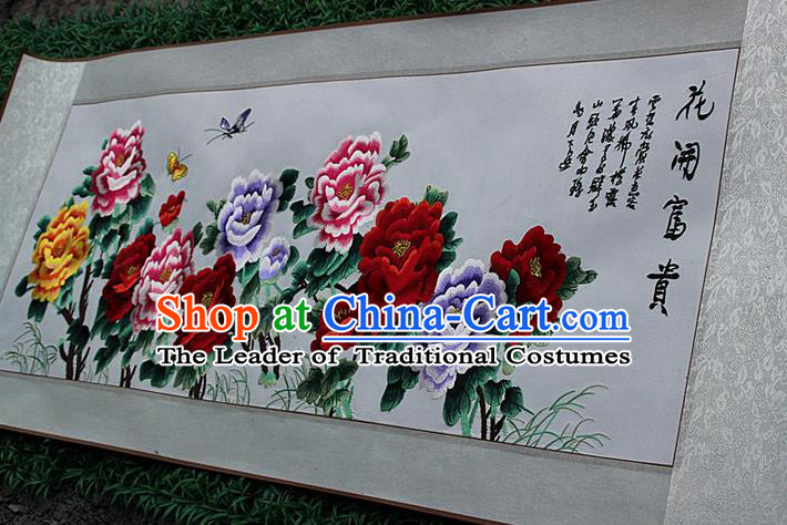 Traditional Chinese Miao Nationality Minority Crafts Hmong Xiangxi Embroidery Decorative Paintings, Embroidery Peony Flowers Meaning Riches and Honour Scroll Painting for Friends