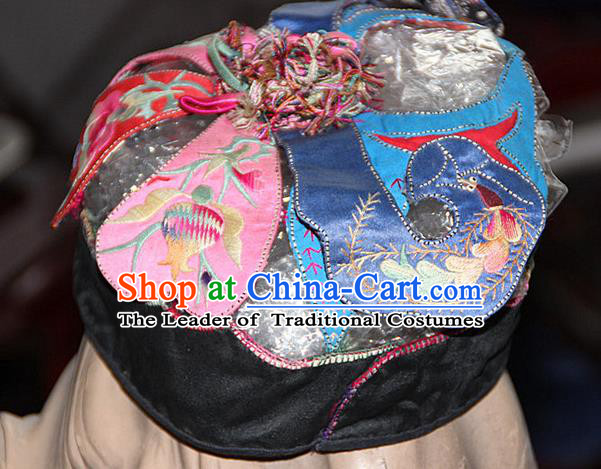 Traditional Chinese Miao Nationality Crafts Hmong Handmade Children Embroidery Flowers Tiger Headwear, Miao Ethnic Minority Exorcise Evil Tiger Hat for Kids