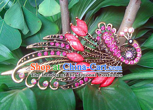 Traditional Chinese Miao Ethnic Minority Palace Hair Jewelry Accessories, Hmong Handmade Peacock Hairpins, Miao Ethnic Jewelry Accessories Hair Claw for Women