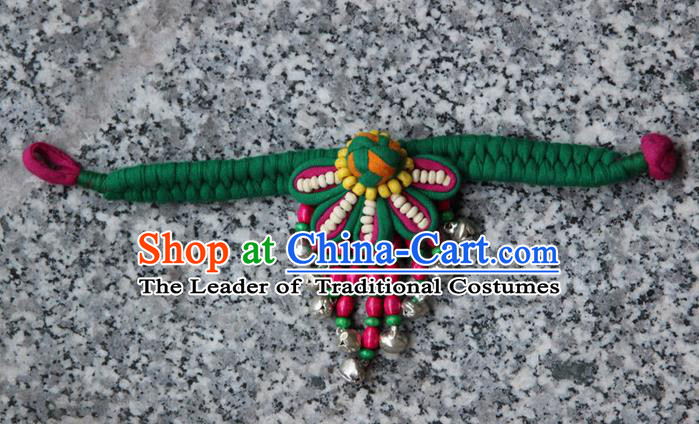 Traditional Chinese Miao Ethnic Minority Palace Jewelry Accessories Wristbands Bracelet, Hmong Handmade Bells Bracelet Hand-Knitted Chain Bracelet for Women