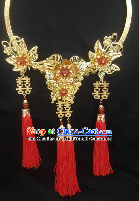 Traditional Handmade Chinese Ancient Classical Jewellery Accessories Necklace, Red Tassel Wedding Necklace for Women