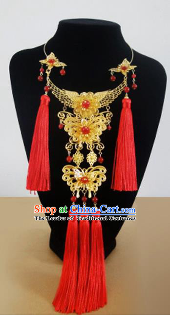 Traditional Handmade Chinese Ancient Classical Jewellery Accessories Bride Necklace, Red Tassel Wedding Necklace for Women