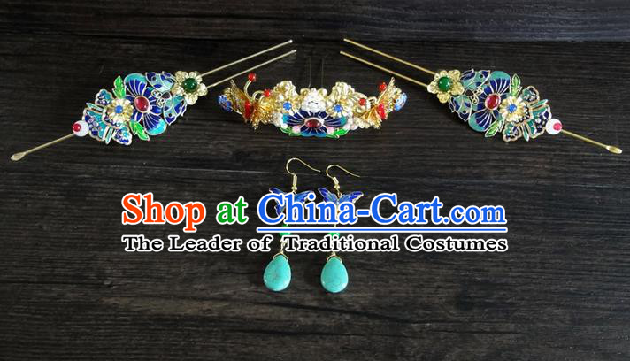 Traditional Handmade Chinese Ancient Classical Hair Accessories Barrettes Hairpin, Blueing Hair Sticks Hair Jewellery, Hair Fascinators Hairpins Complete Set for Women